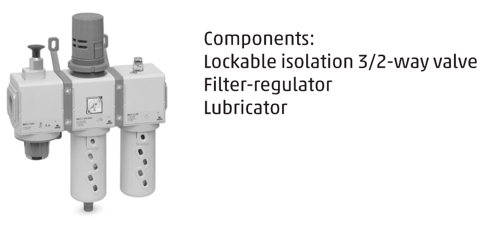 Lockable isolation 3/2-way valve + filter/regulation + lubrificator